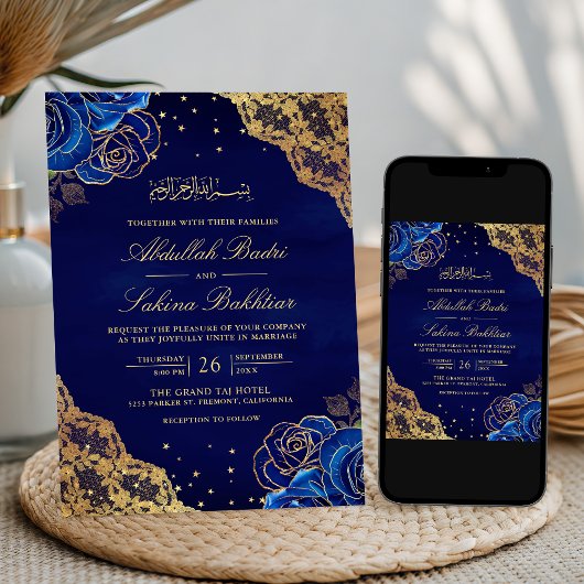 Royal Blue Rozen Goud Kant QR Code Moslim Bruiloft Kaart