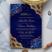 Royal Blue Rozen Goud Kant QR Code Moslim Bruiloft Kaart