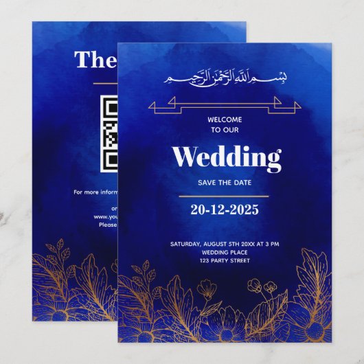 Royal Blue Rozen Goud Kant QR Code Moslim Bruiloft Kaart (Voorkant / Achterkant)