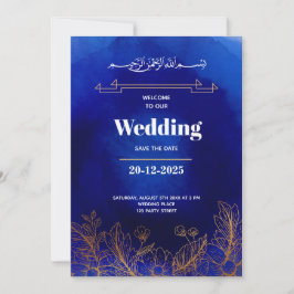 Royal Blue Rozen Goud Kant QR Code Moslim Bruiloft Kaart