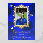 Royal Blue Rozen, gouden vlinder Lijst Quinceanera Folie Uitnodiging (Voorkant)