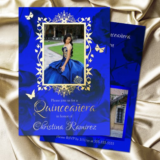 Royal Blue Rozen, gouden vlinder Lijst Quinceanera Folie Uitnodiging