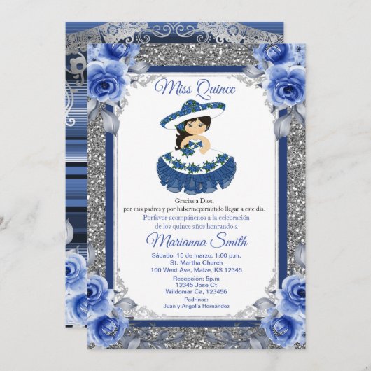 Royal Blue Rozen Quinceañera-uitnodiging Kaart (Voorkant / Achterkant)