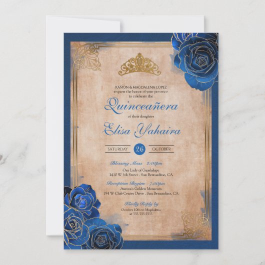 Royal Blue Rozen Royal Quinceanera Kaart (Voorkant)