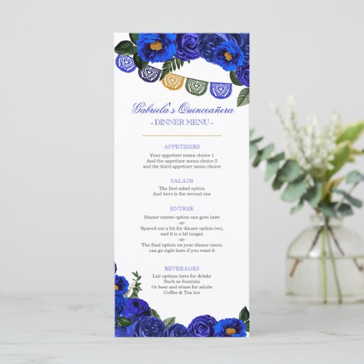 Royal Blue Rozen Rustic Western Charra Party Menu (Staand voorkant)