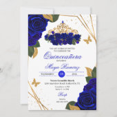 Royal Blue Rozen Tiara Gold Glitter Quinceañera Kaart (Voorkant)