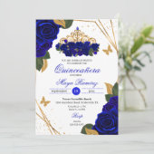 Royal Blue Rozen Tiara Gold Glitter Quinceañera Kaart (Staand voorkant)