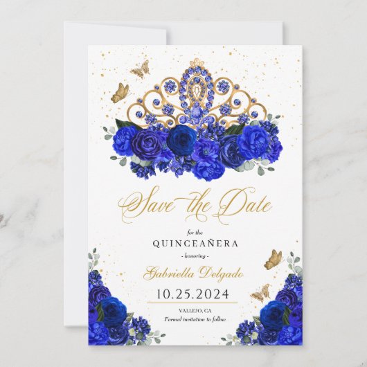 Royal Blue Rozen Tiara Save The Date Quinceañera Kaart (Voorkant)