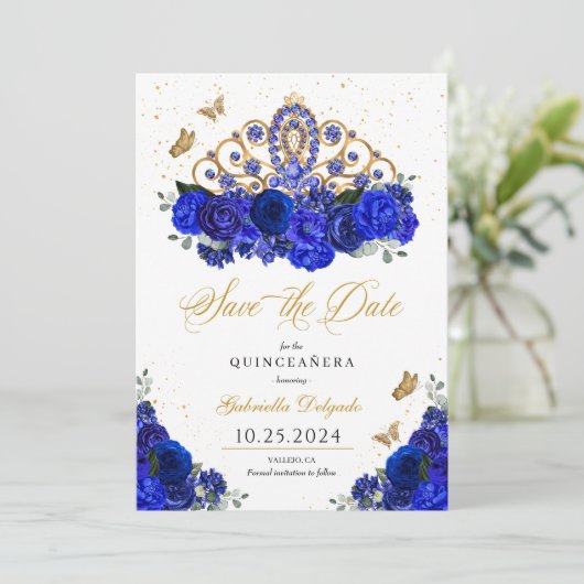 Royal Blue Rozen Tiara Save The Date Quinceañera Kaart (Staand voorkant)