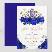 Royal Blue Rozen Tiara Save The Date Quinceañera Kaart (Voorkant / Achterkant)