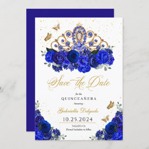 Royal Blue Rozen Tiara Save The Date Quinceañera Kaart