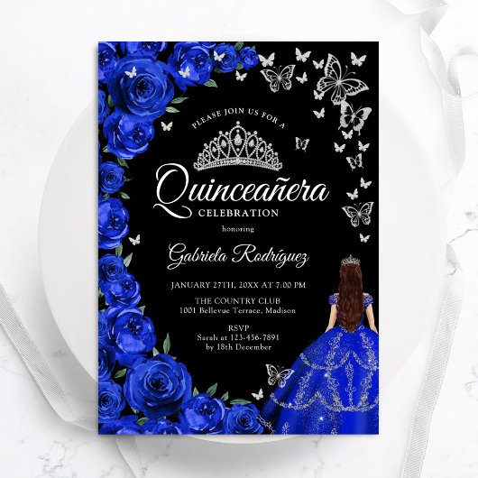 Royal Blue Rozen Vlinders Quinceanera Kaart
