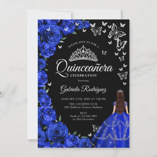 Royal Blue Rozen Vlinders Quinceanera Kaart (Voorkant)