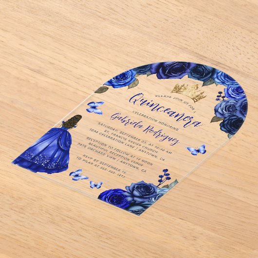 Royal Blue Rozen Waterverf Quinceañera Acryl Uitnodigingen (Laagn)