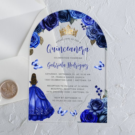 Royal Blue Rozen Waterverf Quinceañera Acryl Uitnodigingen