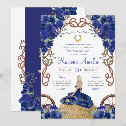 Royal Blue Rozen Western Charra Quinceañera Kaart (Voorkant / Achterkant)