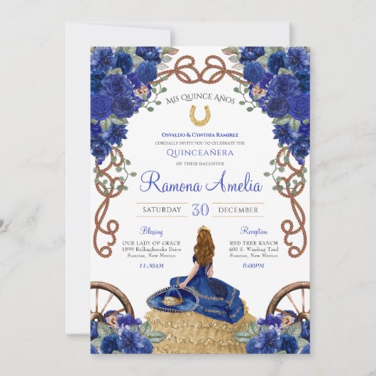 Royal Blue Rozen Western Charro Quinceanera Kaart (Voorkant)