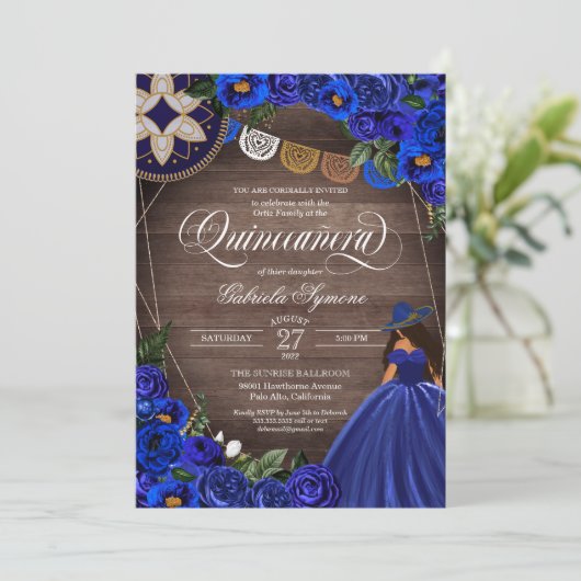 Royal Blue Rozen Western Charro Rustic Quinceanera Kaart (Staand voorkant)