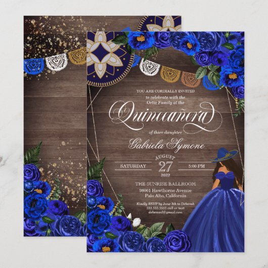 Royal Blue Rozen Western Charro Rustic Quinceanera Kaart (Voorkant / Achterkant)