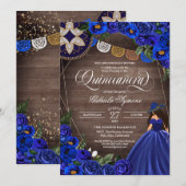 Royal Blue Rozen Western Charro Rustic Quinceanera Kaart (Voorkant / Achterkant)