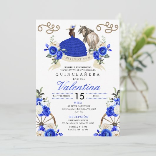 Royal Blue Rozen Western Fiesta Quinceañera Kaart (Staand voorkant)