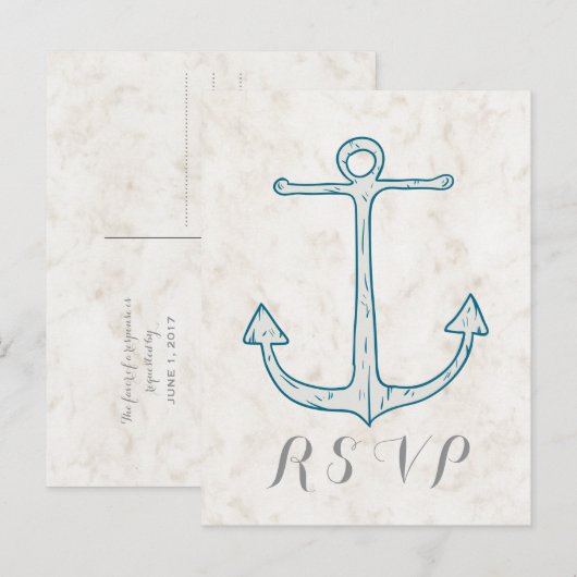 Royal Blue Rustic Anchor Wedding RSVP Briefkaart (Voorkant / Achterkant)