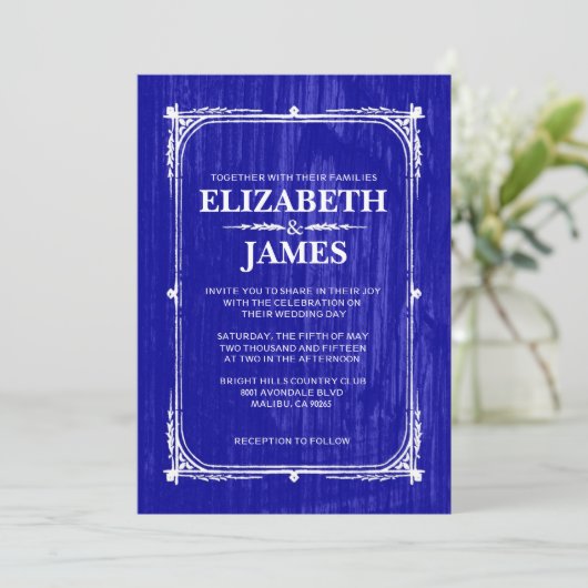 Royal Blue Rustic Barn Wood Wedding Invitations Kaart (Staand voorkant)