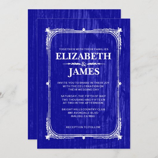 Royal Blue Rustic Barn Wood Wedding Invitations Kaart (Voorkant / Achterkant)