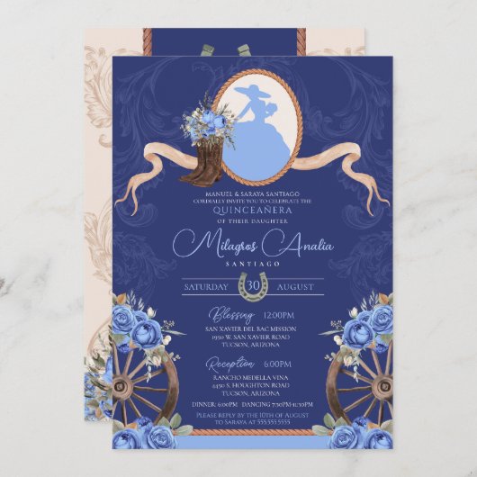 Royal Blue Rustic Baroque Charro Quinceanera Kaart (Voorkant / Achterkant)