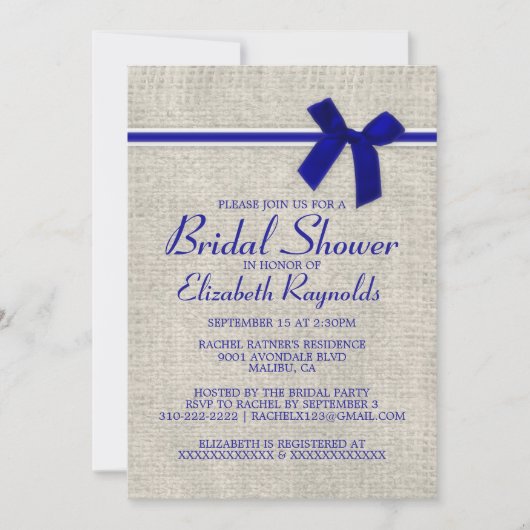 Royal Blue Rustic Burlap Bridal Shower Invitations Kaart (Voorkant)