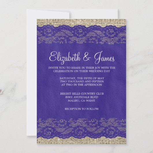 Royal Blue Rustic Lace Wedding Invitations Kaart (Voorkant)
