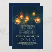 Royal Blue Rustic Lights Uitnodigingen voor bruilo (Voorkant / Achterkant)