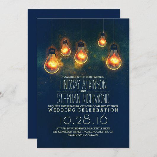 Royal Blue Rustic Lights Uitnodigingen voor bruilo (Voorkant / Achterkant)