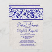 Royal Blue Rustic Linen Bridal Shower Invitations Kaart (Voorkant / Achterkant)