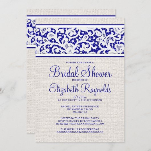 Royal Blue Rustic Linen Bridal Shower Invitations Kaart (Voorkant / Achterkant)