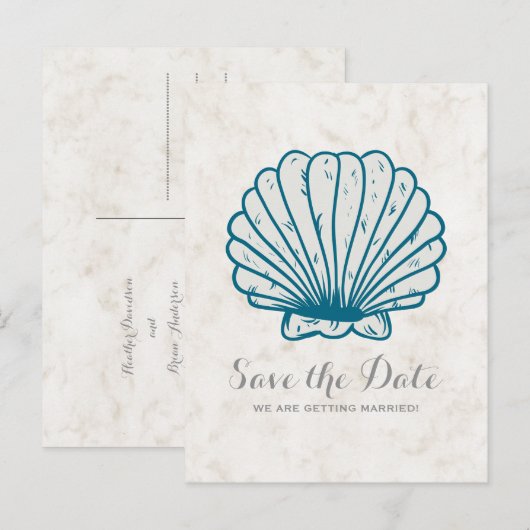Royal Blue Rustic Seashell Save the Date Briefkaar Aankondigingskaart (Voorkant / Achterkant)