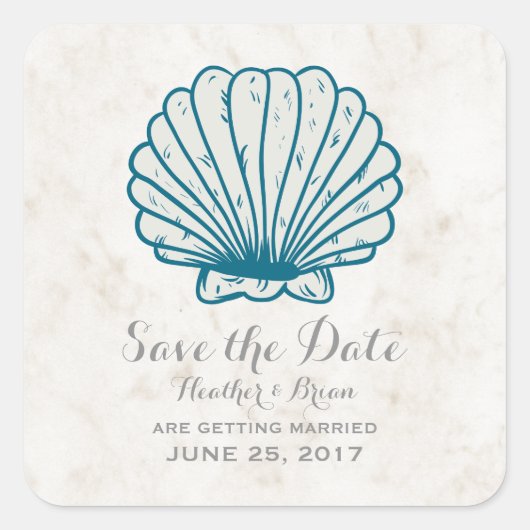 Royal Blue Rustic Seashell Save the Date Vierkante Sticker (Voorkant)