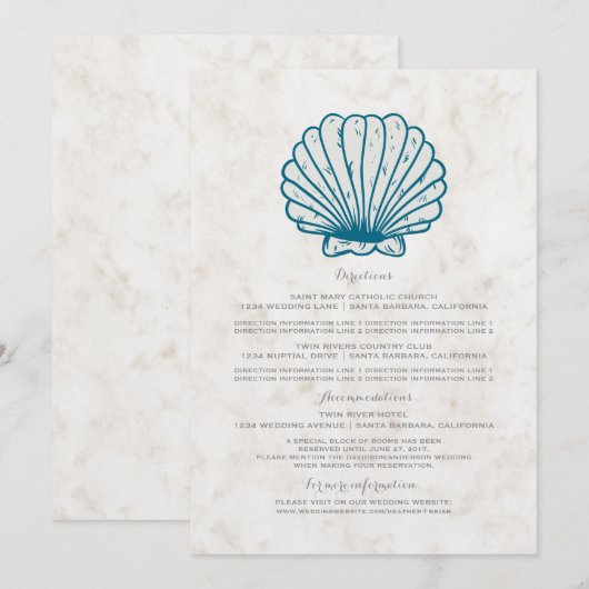 Royal Blue Rustic Seashell Wedding Information Kaart (Voorkant / Achterkant)