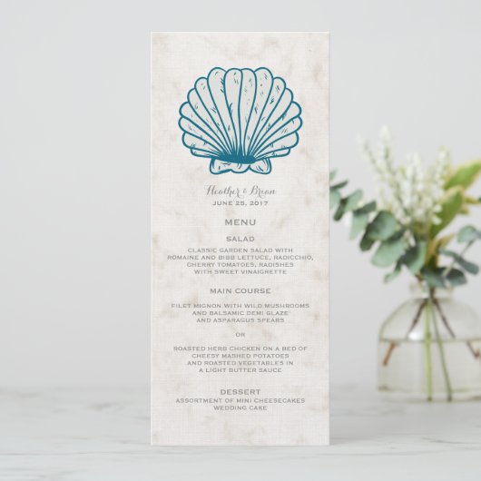 Royal Blue Rustic Seashell Wedding Menu (Staand voorkant)