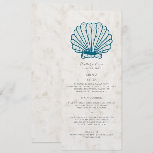 Royal Blue Rustic Seashell Wedding Menu (Voorkant / Achterkant)