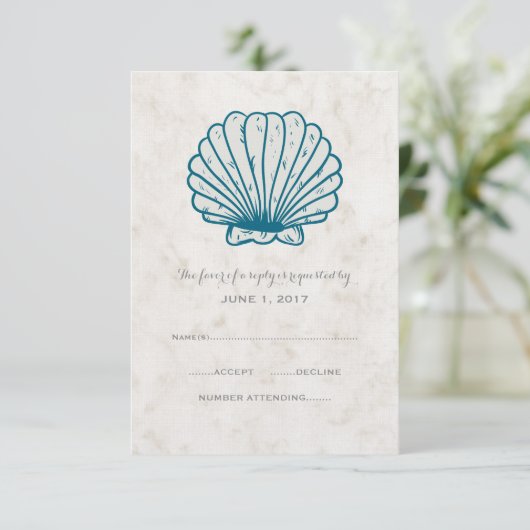 Royal Blue Rustic Seashell Wedding RSVP Kaart (Staand voorkant)