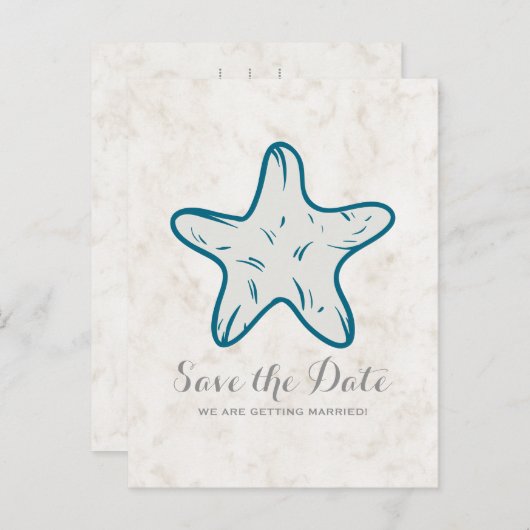 Royal Blue Rustic Starfish Save the Date Briefkaar Aankondigingskaart (Voorkant / Achterkant)