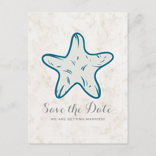 Royal Blue Rustic Starfish Save the Date Briefkaar Aankondigingskaart (Voorkant)