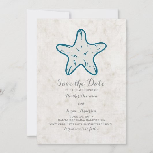 Royal Blue Rustic Starfish Save the Date Invite (Voorkant)