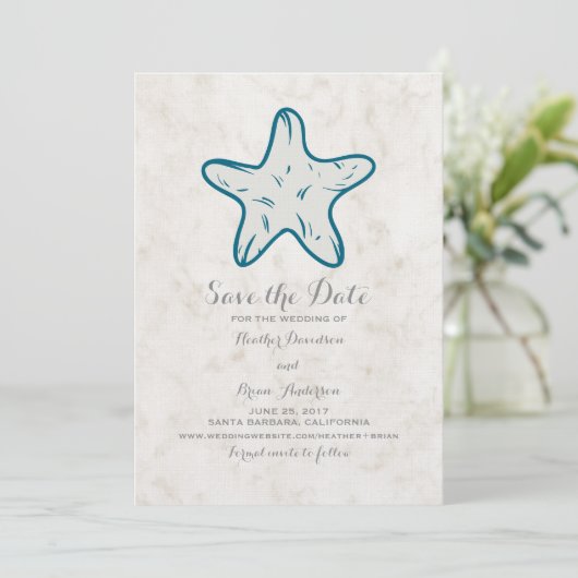 Royal Blue Rustic Starfish Save the Date Invite (Staand voorkant)