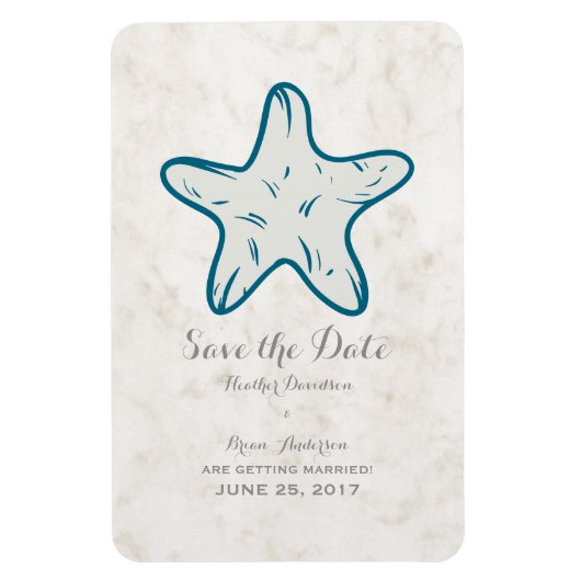 Royal Blue Rustic Starfish Save the Date Magneet (Verticaal)