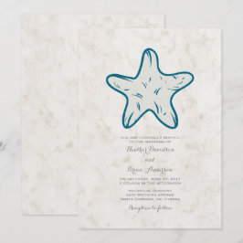 Royal Blue Rustic Starfish Wedding Invite Kaart