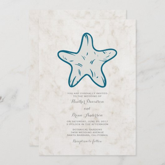 Royal Blue Rustic Starfish Wedding Invite Kaart (Voorkant / Achterkant)