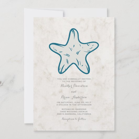 Royal Blue Rustic Starfish Wedding Invite Kaart (Voorkant)
