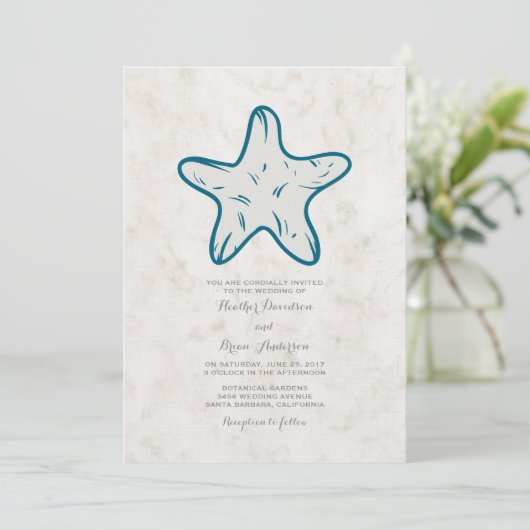 Royal Blue Rustic Starfish Wedding Invite Kaart (Staand voorkant)